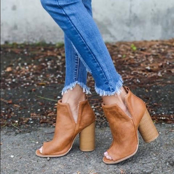 Cutout Side Peeptoe Ankle Booties Wood Stack Heel - Picture 6 of 6